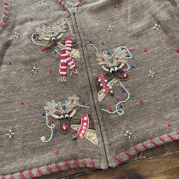 VINTAGE Tiara International Sweater Vest Womens Large Zip Reindeer Ugly Xmas 00s - Picture 5 of 10